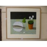 A framed artists proof titled 'Still life with fish,