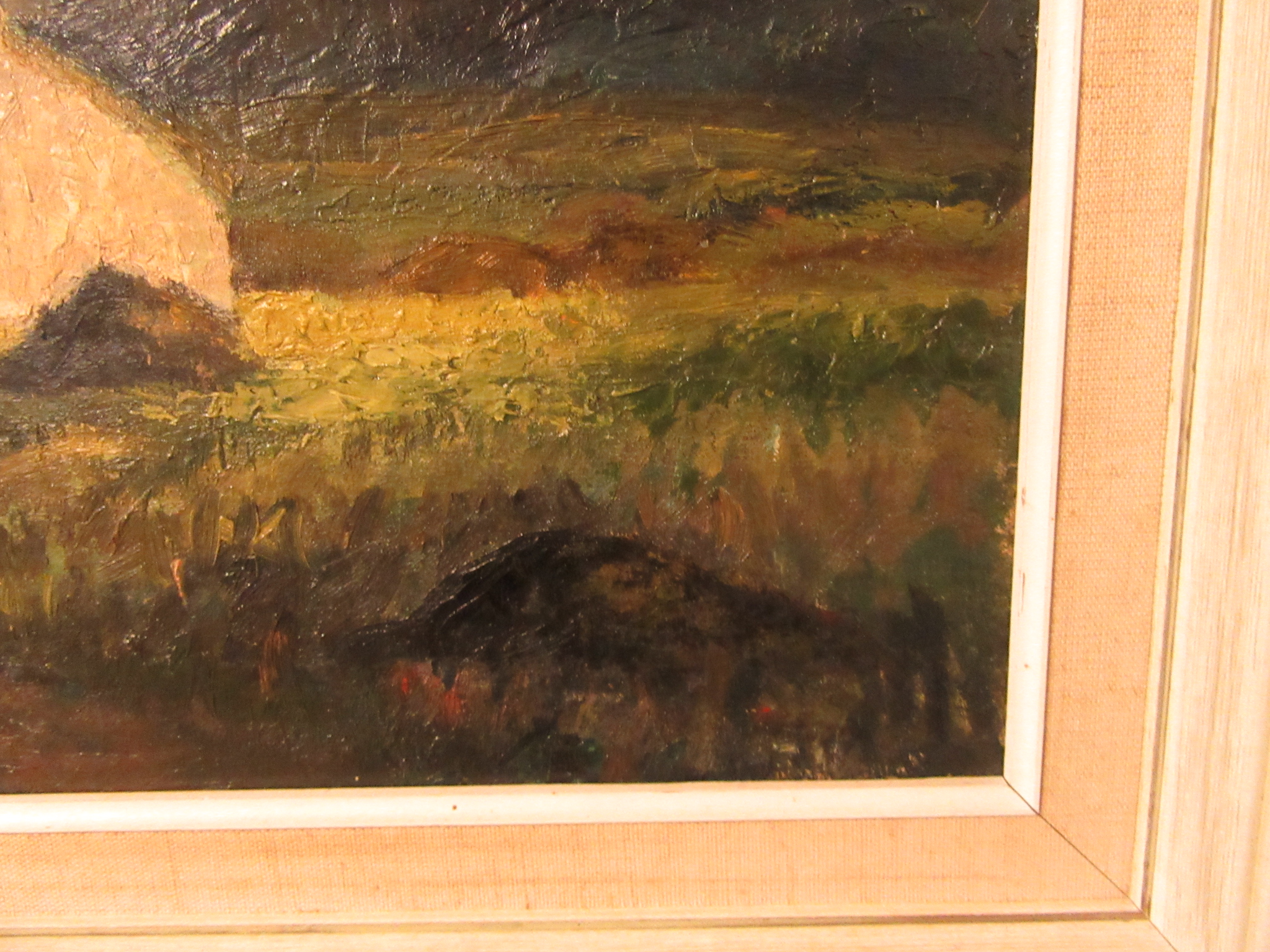 A framed oil on canvas of cottage by lake scenes, possibly by L. - Image 3 of 3