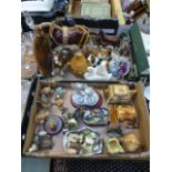 Two trays of decorative ceramic ware to include dogs, horses, cottage ware, Wade whimsies etc.