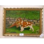A framed oil on board of a dog with pheasant in mouth signed L.