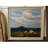 A framed oil on canvas of cottage by lake scenes, possibly by L.