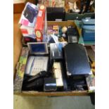Two trays of small electrical items to include a telephone, miniature turntable, radio etc.
