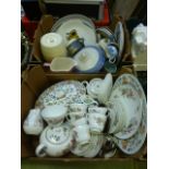 Two trays of ceramic tableware to include Wedgwood, Beefeater etc.