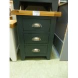 An oak topped and dark grey based three drawer bedside cabinet (9.