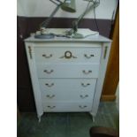 A white and parcel gilt chest of five long drawers