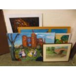 A collection of artworks to include Kenilworth castle, bridge etc.