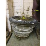 A weathered stoneware garden pot with plant