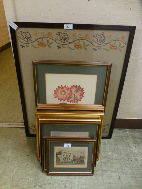 A selection of framed and glazed prints to include buildings and flowers along with a framed and