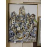 A modern framed acrylic on canvas of castle town scene signed bottom left Pierre