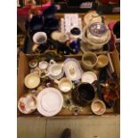 Two trays of ceramic ware to include a biscuit barrel, cheese dish, water jugs etc.