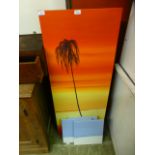 A modern stretched canvas depicting a palm on beach signed bottom right together with a three piece