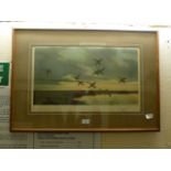 A framed and glazed print of flying ducks after Peter Scott and signed by same,