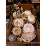 A tray containing ribbon plates, part Aynsley dinner set, soldier on horseback etc.