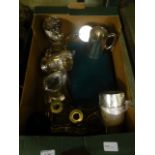 A tray containing plated tankards, brass candlesticks, trays etc.