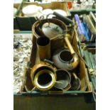 A tray of mainly brass and copper ware to include kettle, candlestick, stick stand etc.