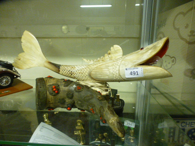 An eastern decorated horn together with a fish table lamp