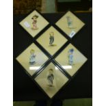 Six framed and glazed miniature silks to include a wedding scene