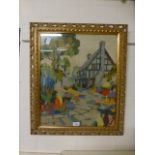 A gilt framed wool work under glass of cottage scene