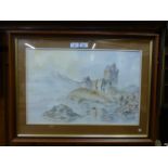 A framed and glazed watercolour of a castle scene signed Arthur Armson