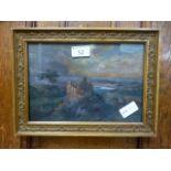 A framed and glazed oil on canvas of coastal castle scene