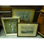 Two framed and glazed prints of still life's along with a framed and glazed etching of Witley Court