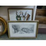 A framed and glazed embroidery on a hunting theme along with a framed and glazed limited edition