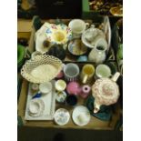 Two trays of ceramic items to include water jugs, teapot, ribbon trays etc.