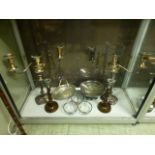 A pair of plated three branch candelabra together with a pair of oak barely twist candlesticks etc.