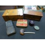 Two small wooden boxes together with a selection of other collectable items to include inkstand,