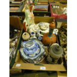 A tray containing ginger jar, Staffordshire flatback, decorative plates etc.