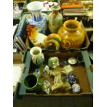 Two trays of ceramic vases, figurines etc. CONDITION REPORT: Yellow vase: H. 33 cm.