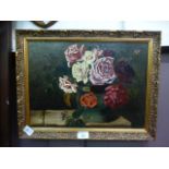 A gilt framed oil on canvas of still life, initialed A.T.