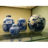 Four items of blue and white oriental ceramics to include pots, ginger jar etc.