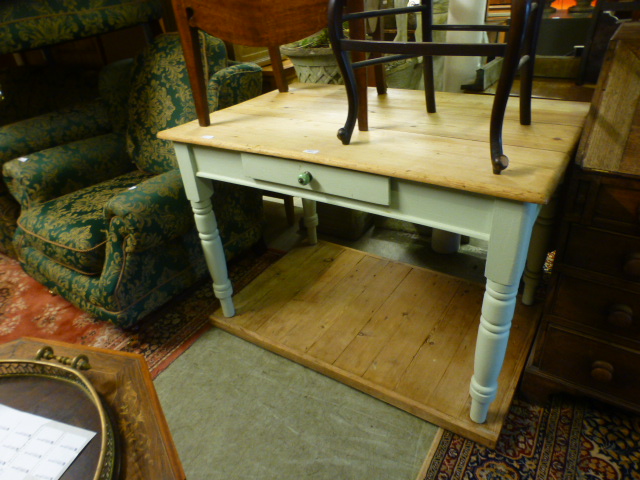 A pine topped table with green painted base with single drawer CONDITION REPORT: