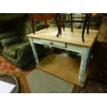 A pine topped table with green painted base with single drawer CONDITION REPORT:
