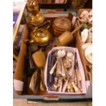 A tray containing meat jack, flat iron, oil lamp, flatware etc.