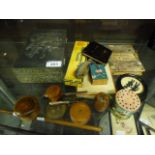 A selection of collectibles to include a hammered pewter jewellery box, wooden boxes, pencil box,