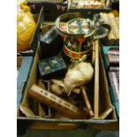 A tray containing a barge ware style water carrier, tin biscuit barrel, wooden book slide etc.