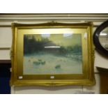 An ornate gilt framed print of sheep in snowy field 'When The West With Evening Glows'