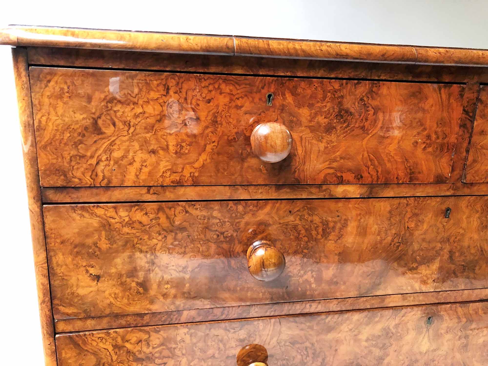 CHEST, Victorian burr walnut with two short above four long well figured drawers, - Image 2 of 3