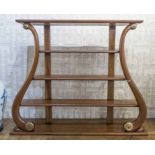 HANGING SHELVES, Regency design mahogany and brass of lyre form with five tiers,