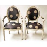 FAUTEUILS, a pair, French Louis XVI style grey painted with applique black and grey upholstery.