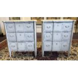COMMODES, a pair, Swedish, traditionally grey painted and line decorated, each having three drawers,