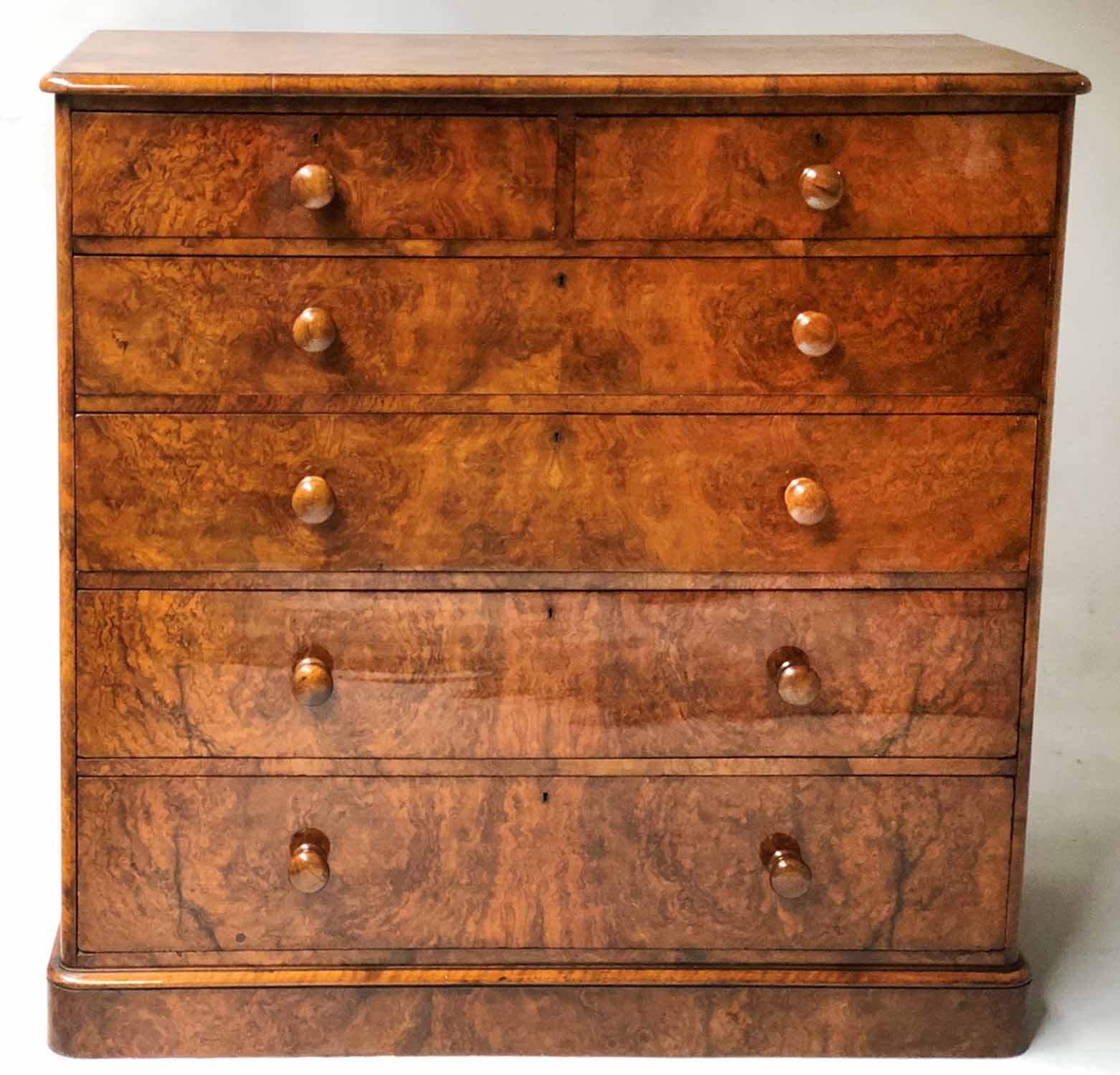 CHEST, Victorian burr walnut with two short above four long well figured drawers,
