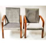 ARMCHAIRS, a pair, mid 20th century Danish teak framed and newly upholstered in grey velvet, 57cm W.
