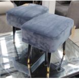 FOOTSTOOLS, a pair, mid century with brass feet, upholstered in blue Fox Linton silk velvet,