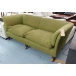 SOFA, custom made contemporary, feather filled cushions, green finish on turned feet, 205cm W.