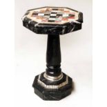 SPECIMEN MARBLE TABLE, octagonal and silvered metal mounted with column and conforming base,