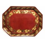 PAPIER MACHE TRAY, Regency rouge lacquered with gilt leaf decoration, 60cm x 83cm.