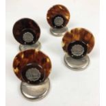 SILVER AND TORTOISESHELL PLACE SETTING CARD HOLDERS, marked London 1914, with armorial button.